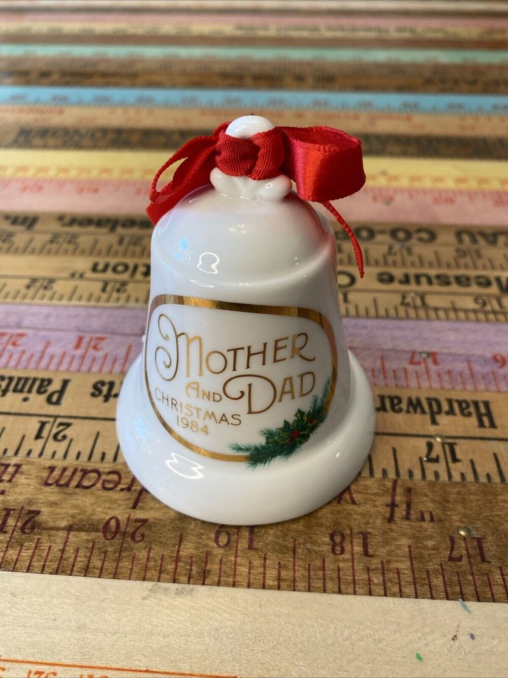 Vintage Hallmark Ornament Porcelain Ceramic Bell for Mother & Dad 1984 White Red